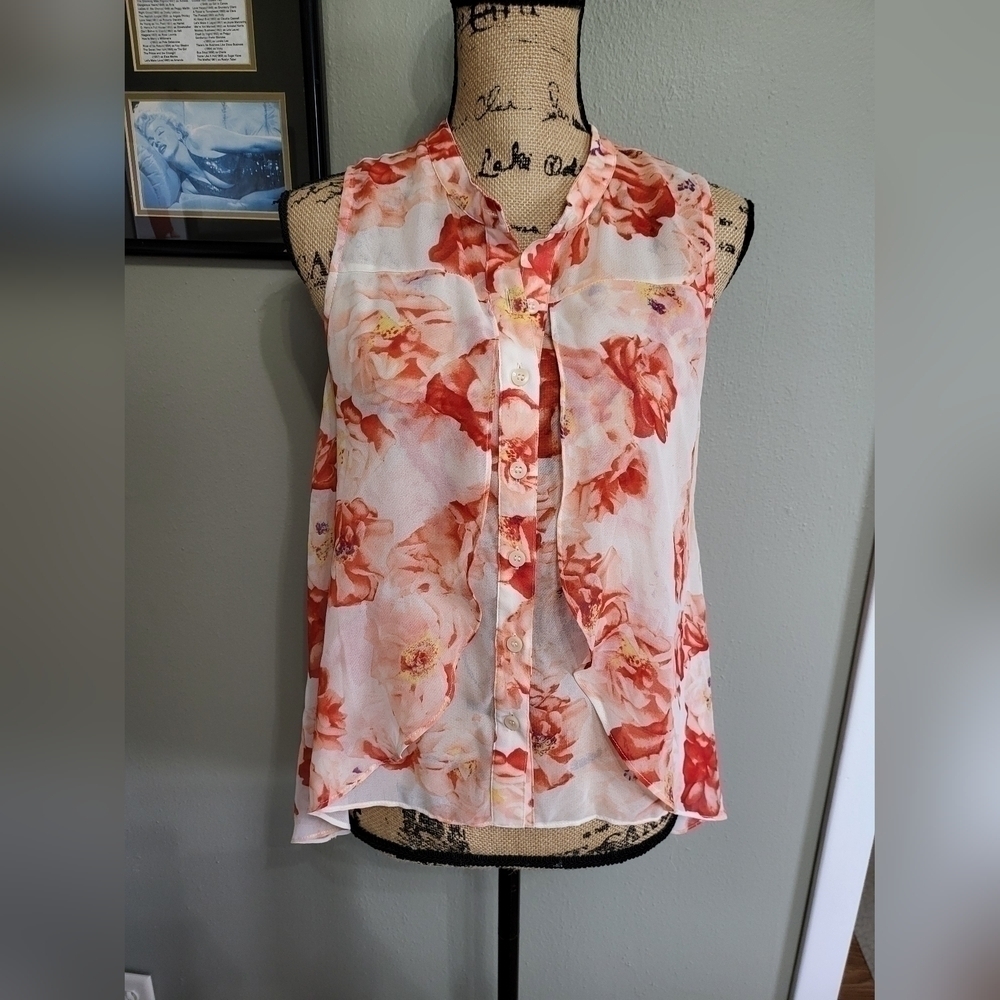 BCBGeneration Fiery Red Semi Sheer Flowy Tank Button Down